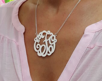 Sterling Silver Large Monogram Necklace: Personalized Statement Initials Pendant