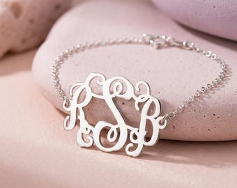 Pulsera personalizada con monograma de tres iniciales, joyería personalizada de plata de ley.