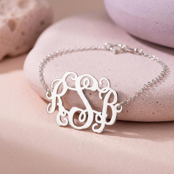 Custom Three Initial Monogram Bracelet, Sterling Silver Personalized Jewelry