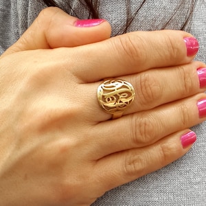 Gold Plated Circle Monogram Ring - Personalized Name Ring Initial - 925 Sterling Silver