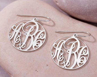 Pendientes colgantes con monograma, plata de ley, personalizados con 3 iniciales - Regalo personalizado para ella