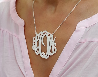 Collier monogramme XXL tendance, argent sterling - Plaque nominative personnalisée de 5 pouces