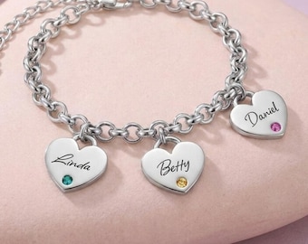Personalized Mom Heart Bracelet Engraved Kids Names & Birthstones - Family Mothers Day Jewelry