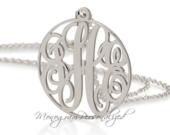 Circle Silver Monogram necklace - 1.2" inch Personalized Monogram - 925 Sterling Silver