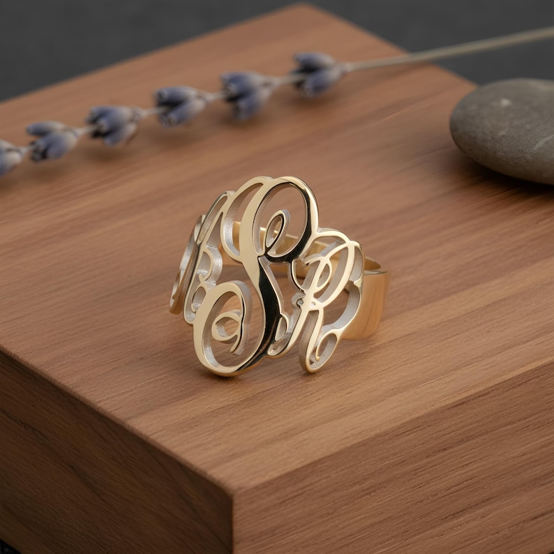 Grosse bague monogramme trois initiales, argent sterling 925 - Cadeau bijoux personnalisés pour elle 24K Gold Plated