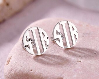 Monogram Initial Stud Earrings, Sterling Silver - 0.6 inch Personalized Monogrammed Gift for Her