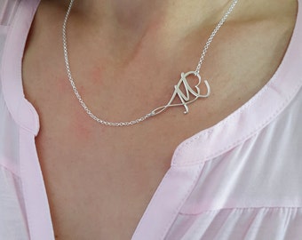 Personalized Infinity and Heart Sideways Necklace - Sterling silver - Any Initial you wish