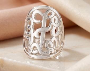 Monogram Signet Ring Sterling Silver - Custom 3 Initial - Personalized Jewelry Gift Her