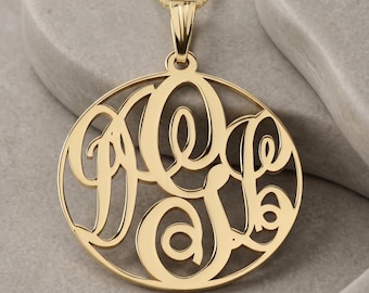 14K Solid Gold Monogram Necklace - Personalized Initial Jewelry - Gift for Wife