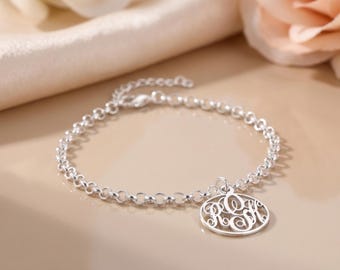 Pulsera con monograma personalizado de tres letras, tobillera de plata de ley de 1,5 cm - Regalo de verano para esposa atractiva