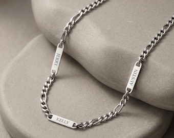 Stainless Steel Dad Necklace Kids Names, Personalized Figaro Chain