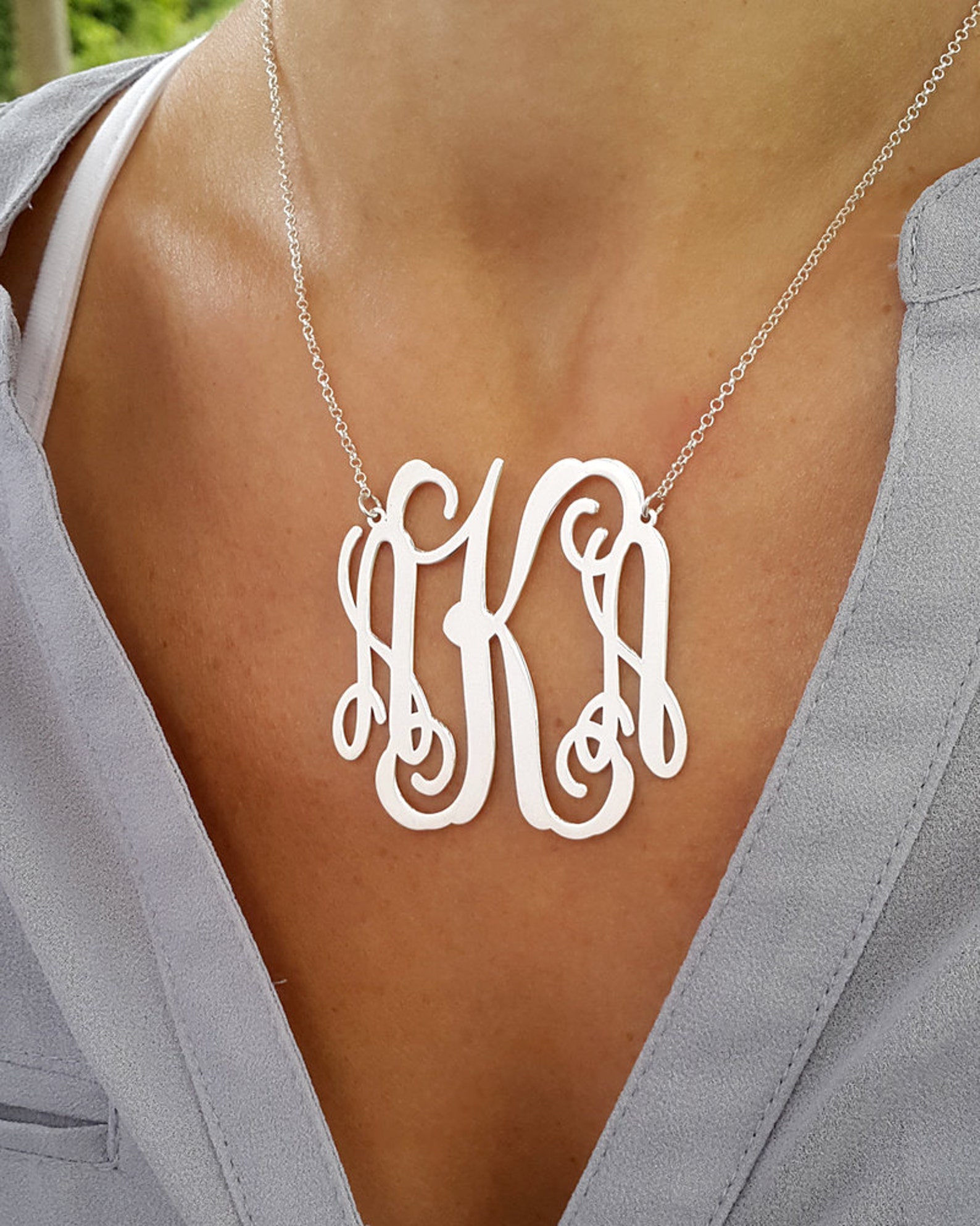 Large Monogram Necklace 2 Inch Personalized Monogram 925 Etsy