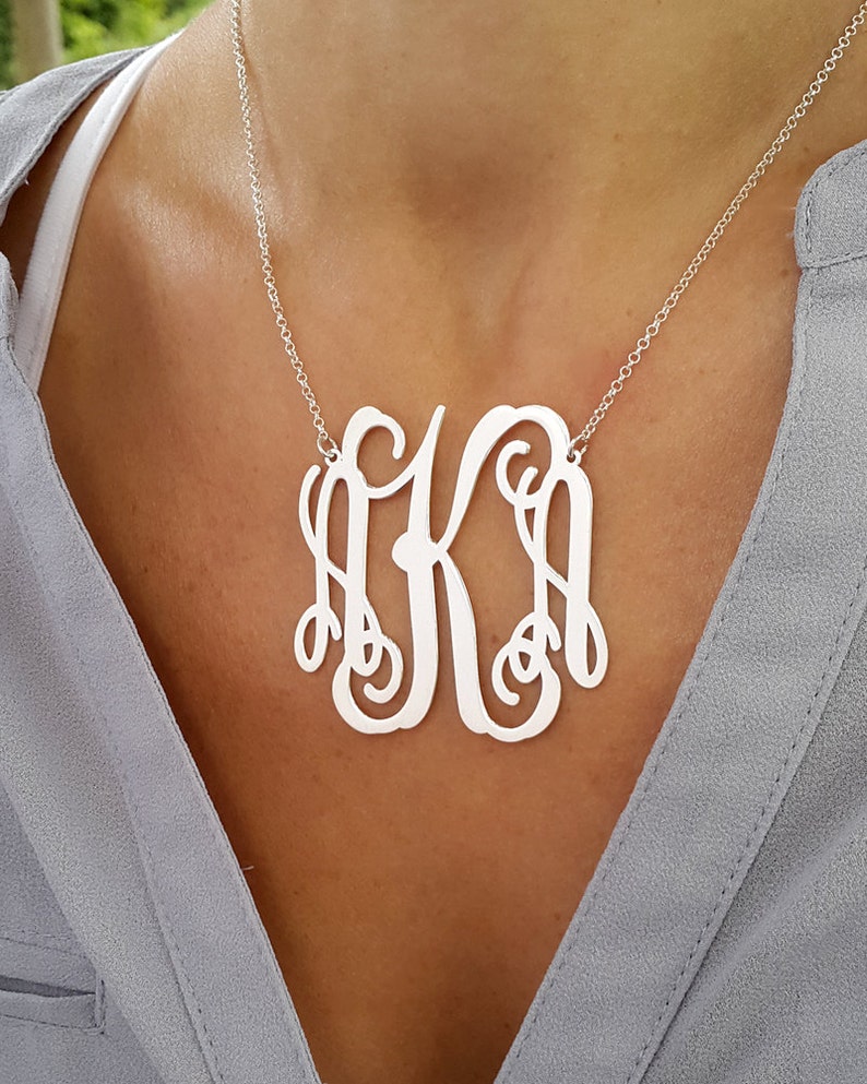Large Monogram necklace 2 inch Personalized Monogram 925 Sterling Silver Personalized Jewelry image 3