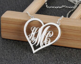 Heart Monogram Necklace with 3 Initials Sterling Silver Personalized Initial Jewelry - Gift for Her