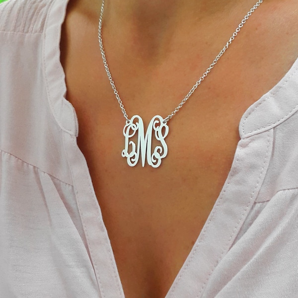 Personalisierte Monogramm Halskette - Silber Monogramm Halskette - 1 Zoll - 925 Sterling Silber