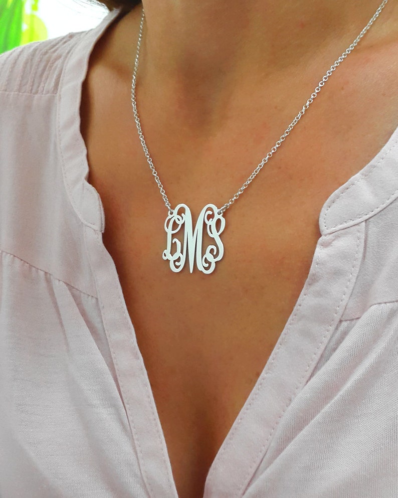 Personalized Monogram Necklace Silver Monogram Necklace 1 inch monogrammed gifts 925 Sterling Silver image 1