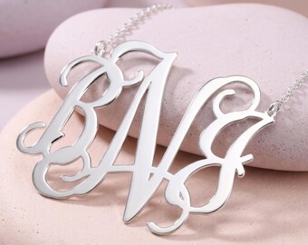 Large Sterling Silver Monogram Necklace, Bold Initial Statement Pendant