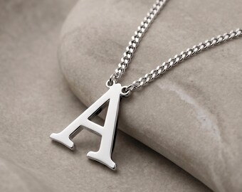 Mens Initial Necklace Sterling Silver Cuban Chain - Personalized Jewelry Gift Him