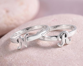 Initial Stacking Ring, Sterling Silver - Dainty Script Letter Band - Personalized Jewelry Gift for Her