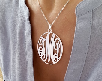 Large Circle Monogram necklace - 1.75 inch Personalized Monogram - 925 Sterling Silver, Gift For Her