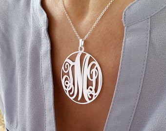 Large Circle Monogram necklace - 1.75 inch Personalized Monogram - 925 Sterling Silver, Gift For Her