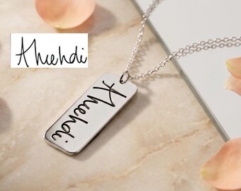Verticale ketting met handschrift, sterlingzilver - Signature Bar-sieraden - Cadeau voor mannen, vrouwen
