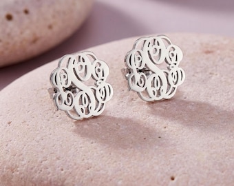 Personalized Monogram Stud Earrings - Custom 3 Initial Sterling Silver, Mothers Day Gift