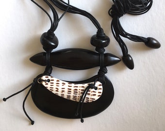 Vintage Monies Gerda Lynggaard Necklace: Black Ebony & Cow Horn Statement Jewelry