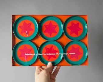 Vintage coasters metal, Laurids Lonborg coasters, Danish Lena Eklund coaster package, Retro collectible green orange pink coasters, Collect