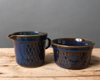 vintage creamer sugar bowl collection art pottery danish soholm mid century granit blue scandinavian