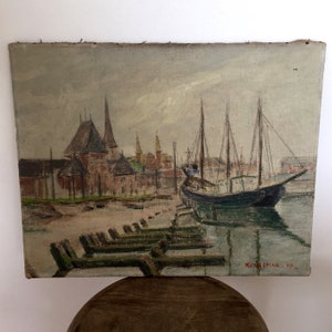 Antique Aarhus painting, Antique oil painting, Original painting, City view original oil on canvas, Cottage Farmhouse painting,Aarhus canvas