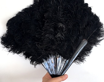 Antique Ostrich Feather Fan: Victorian Black Folding Hand Fan