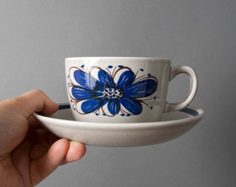 Vintage cup saucer, Stavangerflint cups, Retro cups saucers, Mid century cups, Modern tableware, Blue brown cups, Scandinavian tableware