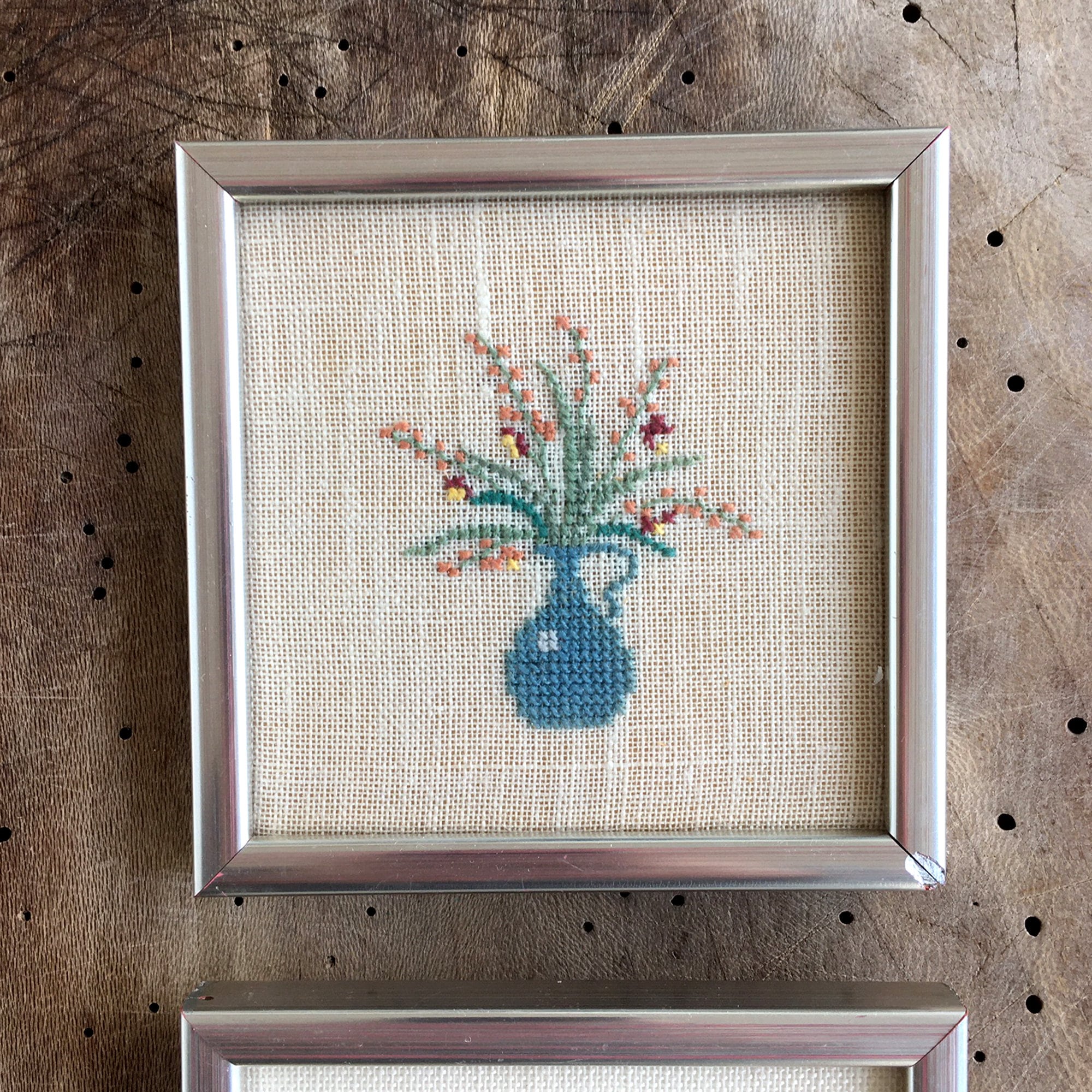 Framed Vintage Needlepoint Embroidery: Small Farmhouse Wooden Frames (4 ...