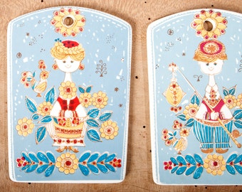 Stavangerflint pottery, Inger Waage plate platte, Pair of two platters, White blue tourist plates, Mid century Norway platte, Norwegian