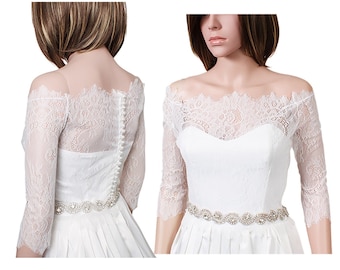 Wedding off shoulder bolero , Bridal lace cover up  with 3/4  sleeve custom color, bridal jacket, shrug