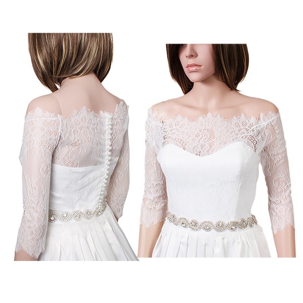 mariage bolero / style de dentelle chantilly / haussement mariée / veste à manches 3/4 Off-épaule / ivoire /