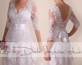 Floor Length Lace Wedding Dress: Open Back Bridal Gown with Sleeves