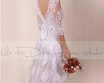 Floor Length Lace Bridal Gown with Sleeves: Custom Wedding Dress