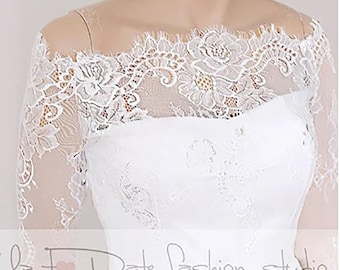 Bolero de boda con hombros descubiertos: Bolero de novia de encaje Chantilly