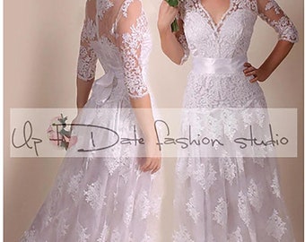 Vestido de novia de encaje de talla grande: vestido de novia maxi personalizado con mangas