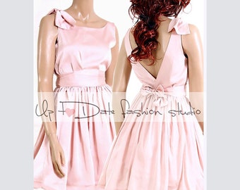 Plus size Blush pink short bridesmaid dress, satin  wedding party dress, knee length bridesmaid dress with v back