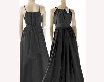 Maxi Black chiffon bridesmaid gown , black evening dress , wedding party spaghetti straps dress, Gothic wedding, cocktail dress