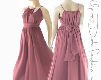 Burgundy Chiffon Maxi Dress: Long Spaghetti Strap Wedding Party Gown