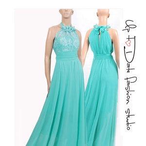 Vestido longo de chiffon com alças finas: vestido de madrinha com decote em renda turquesa