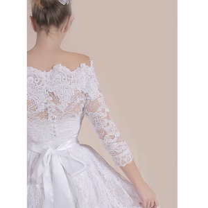 Off-Shoulder bridal lace dress  , short wedding gown with sleeve, wedding party dress