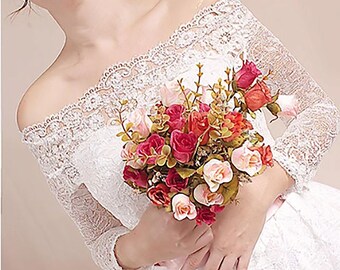 Off-Shoulder Lace Wedding Gown: Short Bridal Dress with Sleeves