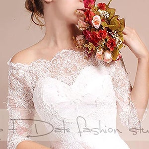Off-Shoulder bridal  bolero, off white lace wedding cover up  with 3/4 sleeve,BRIDAL SHRUG