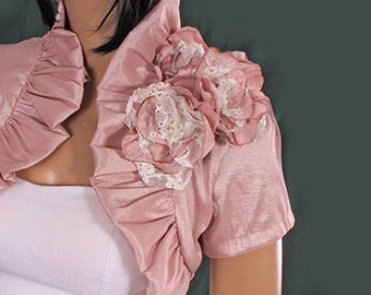 Bridal taffeta cover up, blush pink  shrug, short sleeve bridesmaid  bolero , shrug with handmade flowers