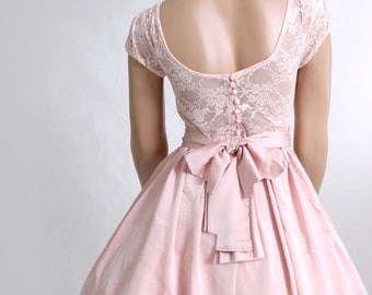 Plus size bridesmaid dress , pale pink short wedding party dress , Cocktail lace, satin dress short sleeve